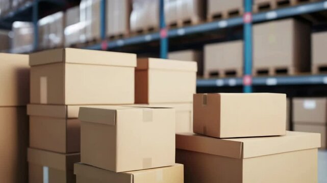 Cardboard boxes on blur storage warehouse shelves background. 3d illustration , ready for the delivery of packages in the warehouse created with generative ai	