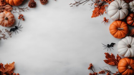 A festively autumnal arrangement featuring small pumpkins, colorful leaves, spiders, and bats, embodying the Halloween spirit with an inviting seasonal feel.