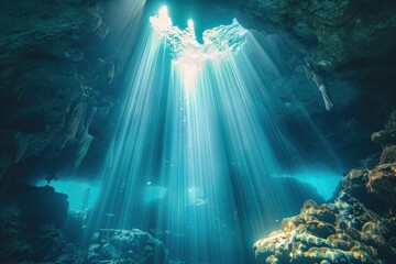 A bright blue cave with sunlight shining through the cracks, generative ai image
