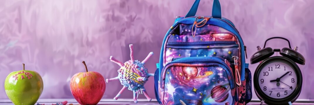 Vibrant school scene with a cosmic theme, apple, backpack, and an alarm clock, set against a soft lavender background