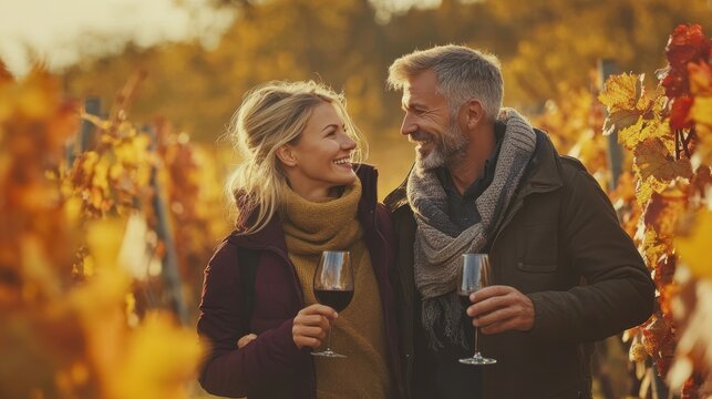A couple shares a joyful moment together while exploring a vineyard during a lovely autumn afternoon, holding glasses of wine
