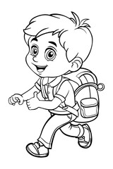 Coloring page for kids, a cute boy going to school with a backpack.