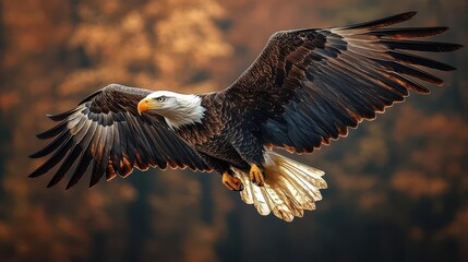 Obraz premium majestic bald eagle soaring across a waving american flag symbolizing freedom and patriotism with bold red white and blue colors