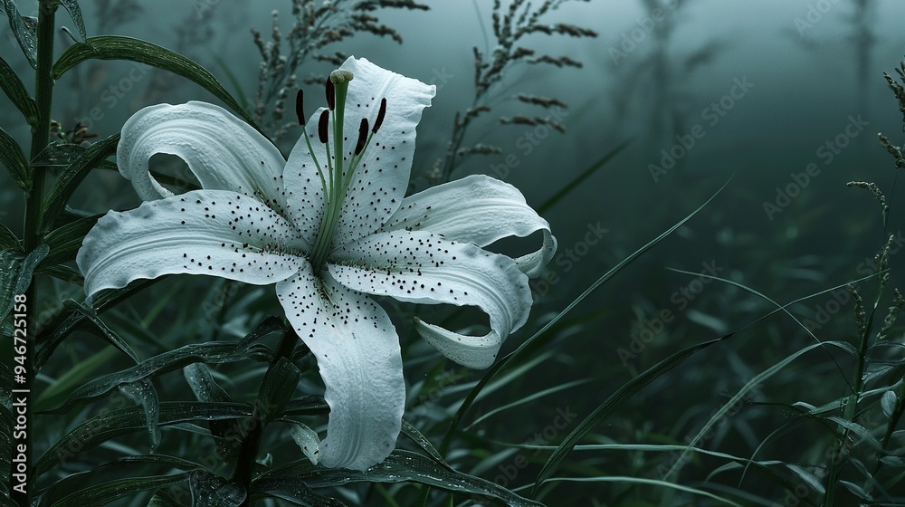 Sticker   A white flower stands out against the backdrop of tall grass and a misty sky