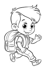 Coloring page for kids, a cute boy going to school with a backpack.