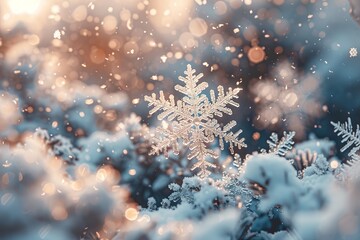 This stunning extreme close-up showcases delicate snowflakes falling, each with unique and intricate patterns, capturing the magic of winter as they catch the light in a mesmerizing display
