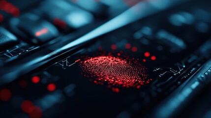 A close-up of a vivid red fingerprint scan on a sleek digital interface, representing advanced security measures and high-tech identification technologies in a futuristic device.