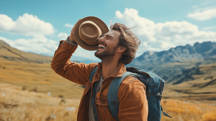 Fototapeta premium A man with a backpack is laughing and holding a hat in the mountains
