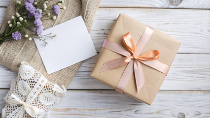 Fototapeta premium A flat lay of a beautifully wrapped gift with a ribbon and a handwritten note