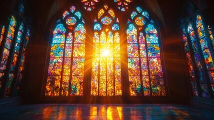 Obraz premium majestic stained glass window in a cathedral pierced by brilliant rays of sunlight vibrant colors and intricate patterns create a transcendent atmosphere of reverence and spiritual beauty