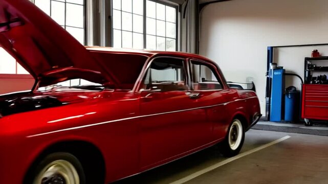 Retro vintage automobile or car with open hood parked in a garage nobody inside for engine repair service indoors, mechanic workshop created with generative ai	