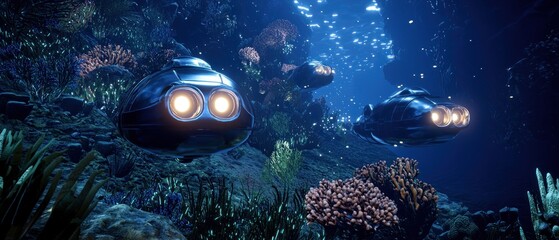Futuristic Submersibles Exploring a Bioluminescent Reef