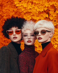 Obraz premium three androgynous models posing in autumn scenery