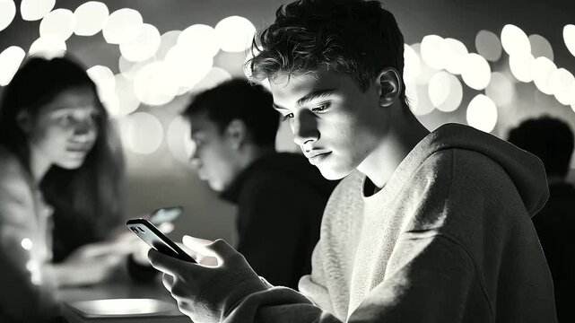 A teenager absorbed in their phone, isolated from a blurred group of chatting friends in the background.