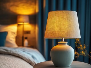 Bedside lamp with shade casting a soft glow in a bedroom
