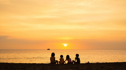 Fototapeta premium A group of friends gathers on a pristine beach at sunset, laughing and embracing as they relax by the shore. The golden light and distant palm trees create a warm, serene scene.