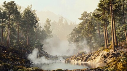A serene misty forest landscape with tall trees and calm water. This nature scene embodies tranquility and peace. Ideal for nature lovers and outdoor enthusiasts. AI