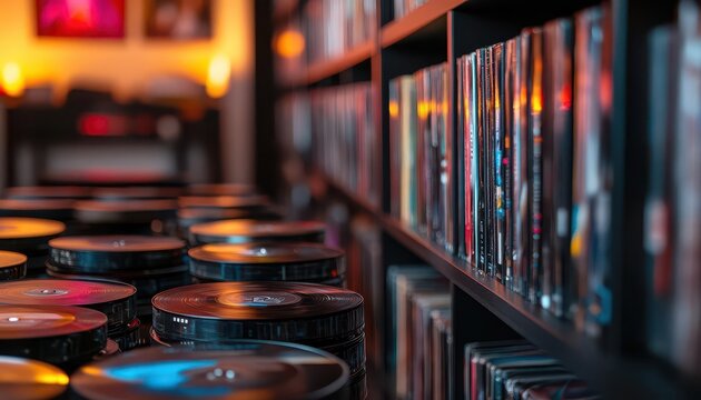 Blu-ray player in a home theater, with discs neatly arranged nearby