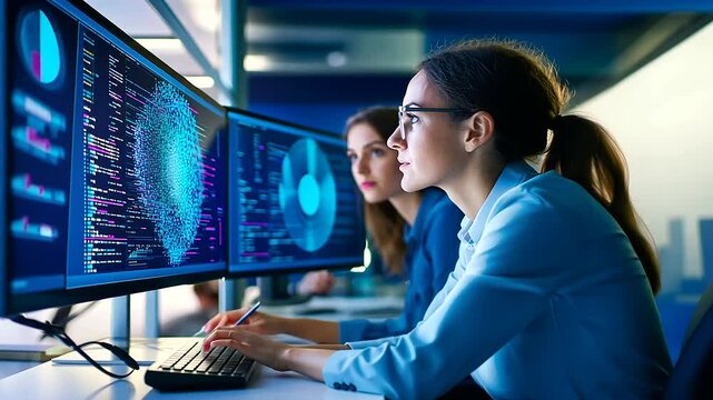 Two software engineers work together on a machine learning project, examining code on multiple monitors in a contemporary office setting.