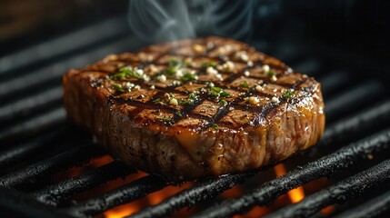 mouthwatering grilled steak perfect char marks rising smoke tendrils juicy center dramatic dark background food photography lighting