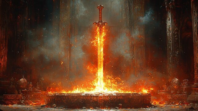 An imposing sword with a flaming blade, placed on an altar in an ancient, mysterious temple