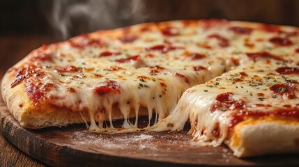 mouthwatering pizza slice lifted to reveal stretchy gooey cheese pull steam rises from perfectly baked crust topped with vibrant ingredients warm lighting enhances appetizing textures