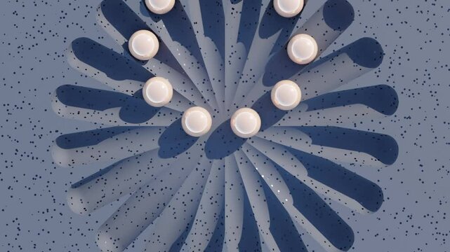 Dynamic Geometric Ball Channels: Abstract 3D Animation of Peach Balls Rolling through Straight Channels on a Dark Background, Forming Decagon or Circular Pattern