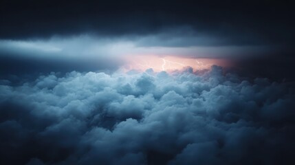 Fototapeta premium A dramatic and dynamic image showcasing thick storm clouds with a burst of lightning illuminating the distant sky, capturing the raw power of nature in its most volatile form.