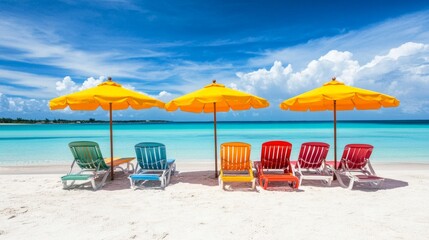 Fototapeta premium Relax on a beautiful beach with colorful lounge chairs and bright umbrellas. The vibrant scene captures summer joy and seaside bliss. A perfect getaway for sun lovers. AI