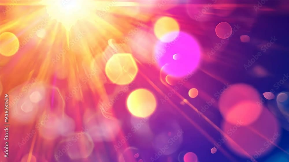 Fototapete a bright yellow sun is shining through a blue sky. the sky is filled with colorful blurs and circles