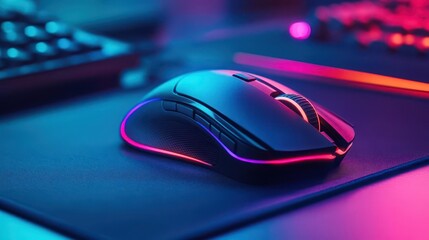 Gaming mouse with RGB lighting, sitting on a mouse pad