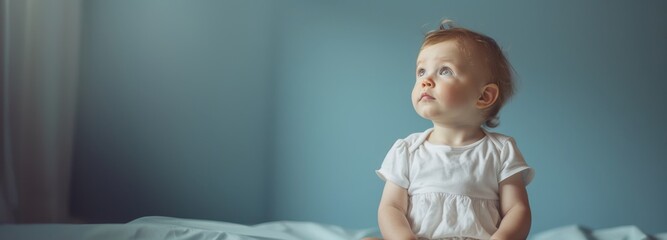 Baby in white onesie sitting on bed in soft natural light. Minimalist nursery interior.