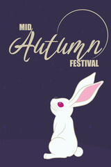 Mid autumn festival card with white rabbit looking up, with raised ears. Minimalistic background on blue