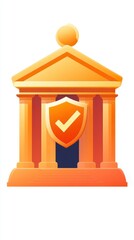 An artistic depiction of a bank building featuring a shield, conveying concepts of security and reliability in banking services
