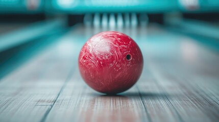 A close-up image of a red bowling ball featuring a single hole, resting on a bowling lane with the pins faintly visible in the background, shot with focus on the ball.