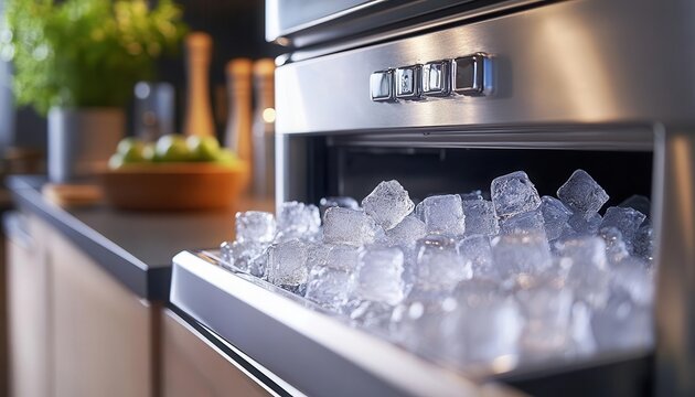 Ice maker on a kitchen counter, producing fresh ice cubes