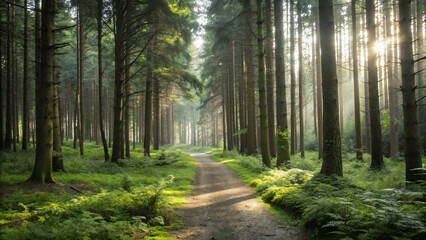 Obraz premium A serene forest scene with a path leading through sun light