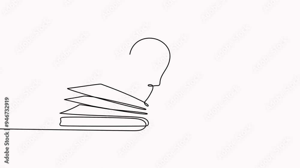 Poster light bulb above book continuous one line art drawing animation. line drawing open book with lamp id