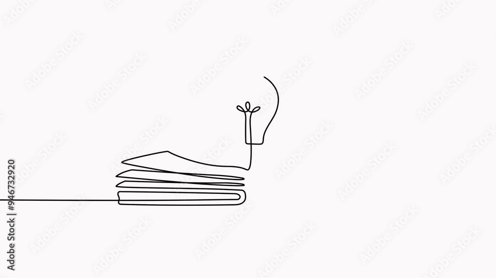 Wall mural light bulb above book continuous one line art drawing animated video. line drawing open book with la