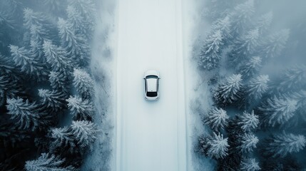 Top view image of a snow-covered road with a car traveling through a foggy forest, capturing the essence of winter, solitude, and the beauty of nature in cold weather.