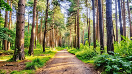 Fototapeta premium A serene forest scene with a path leading through sun light