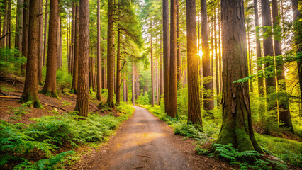 Fototapeta premium A serene forest scene with a path leading through sun light