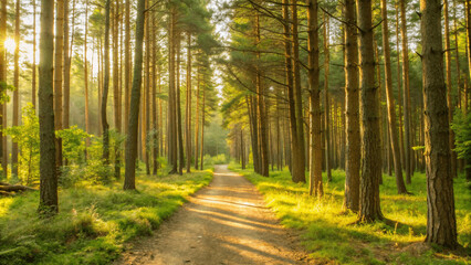 Obraz premium A serene forest scene with a path leading through sun light