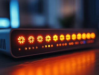 Modem with lights blinking, indicating an active internet connection