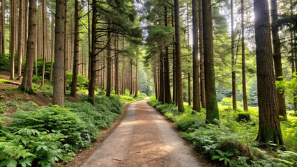 Fototapeta premium A serene forest scene with a path leading through sun light