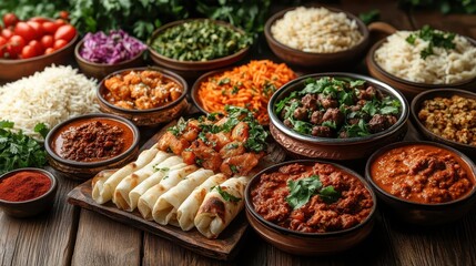 Fototapeta premium rich tapestry of traditional indian dishes artfully arranged on a rustic wooden table vibrant colors and aromatic spices showcase the diversity and complexity of indian cuisine