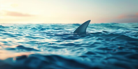 Naklejka premium Photorealistic Image of Open Ocean with Shark Fin Breaching at Waterline Depth of Field Blur