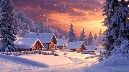 Fototapeta premium Beautiful Winter Village Under Heavy Snow with Amazing After Sunset Sky