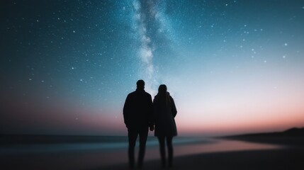 A couple standing on a beach under a star-filled night sky, with the Milky Way visible, creating a serene and romantic atmosphere by the ocean shore.