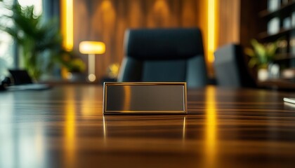 Nameplate with engraving on an office desk, displaying a professional name